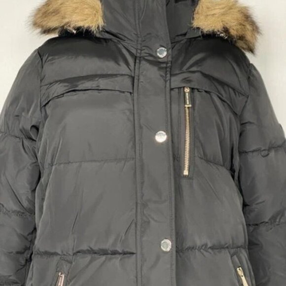 NEW MICHAEL KORS Womens Coat Black Size PM Faux Fur Trim Hooded Puffer Full Zip - Picture 11 of 12